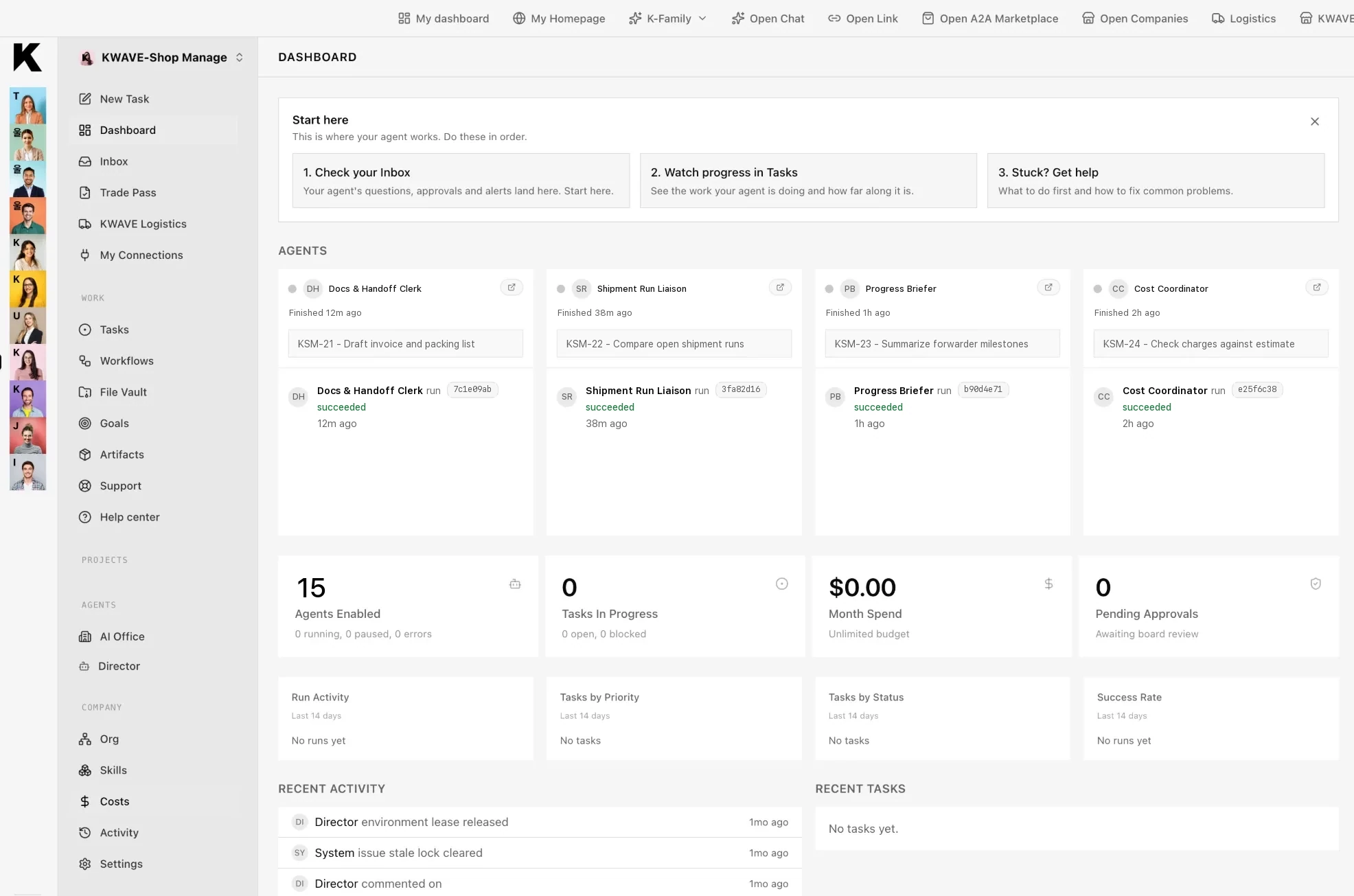 KWAVE workspace dashboard - navigation, getting-started steps, and agent cards