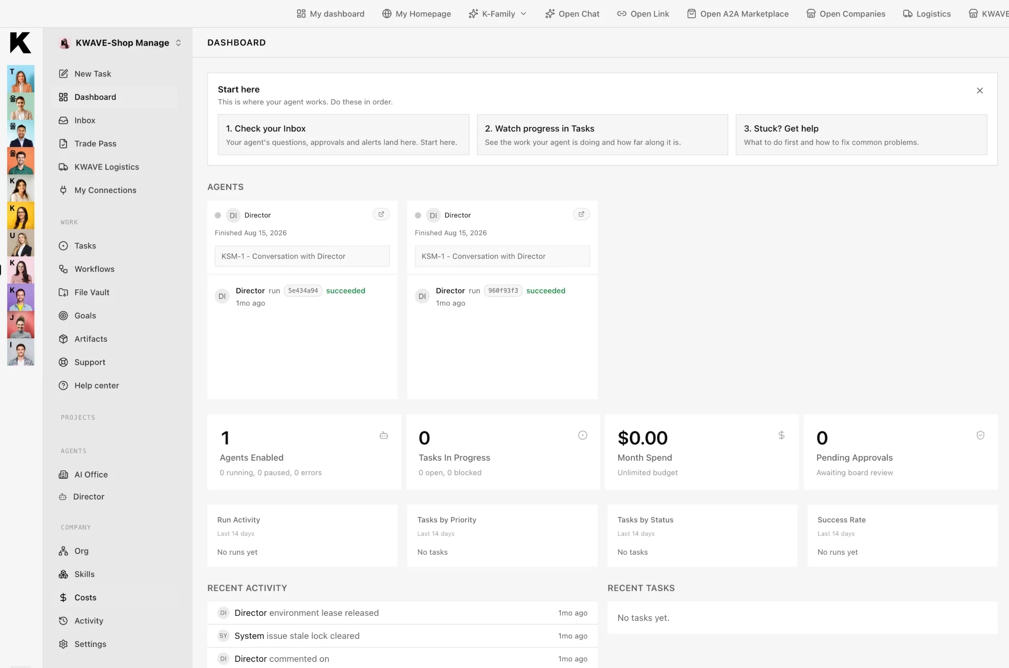 KWAVE workspace dashboard - navigation, getting-started steps, and agent cards